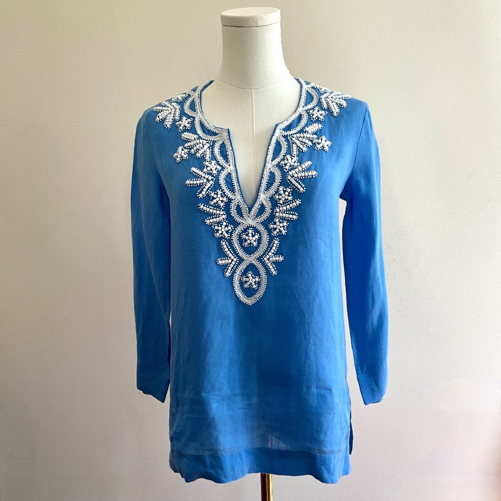 Lilly Pulitzer Amelia Island Women XXS Tunic Top Linen Embellished Coastal